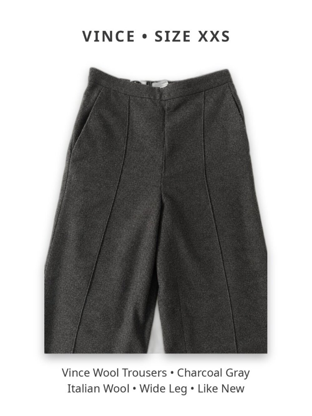 Vince Wool Wide Leg Trousers, Charcoal Gray, Size XXS, Italian Fabric